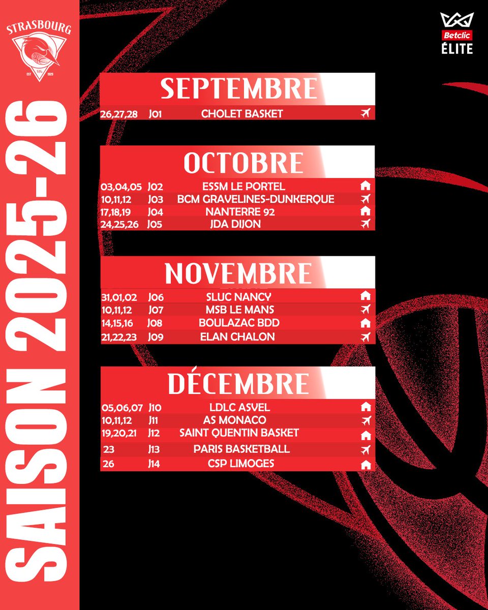 sigstrasbourg's tweet image. 🚨🗓 𝑨̀ 𝒗𝒐𝒔 𝒂𝒈𝒆𝒏𝒅𝒂𝒔 ‼
Découvrez le calendrier officiel #BetclicELITE de nos SIGmen pour la saison 25/26 🍿
Le premier match au Rhenus Sport aura lieu face à ... 🥁 @ESSMbasket 🔥
⏳ Nous attendons la programmation de @DAZN_FR pour la date définitive 📺
#gosig