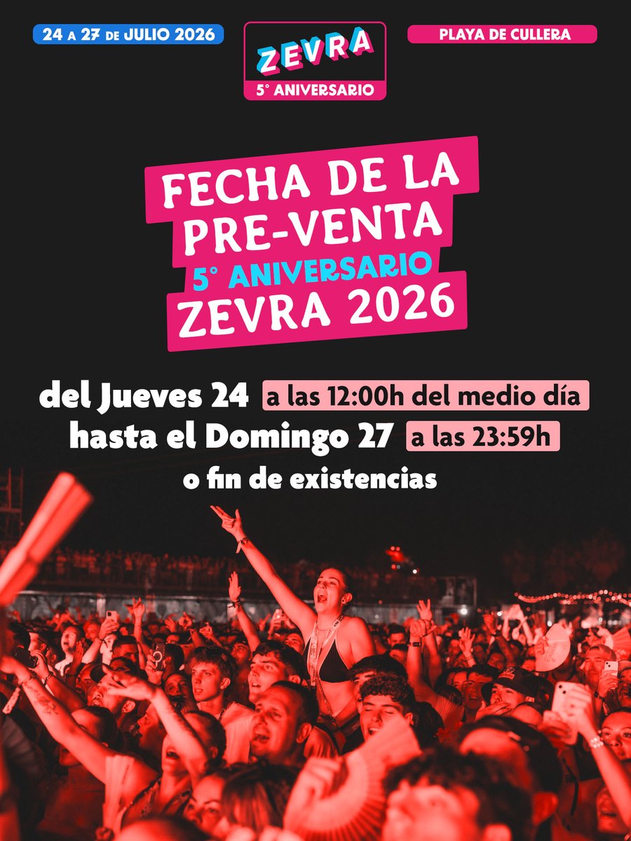 ZEVRA 2025 fue histórico 🦓🔥
155.000 personas lo vivieron. Gracias por hacerlo eterno.
Ahora arranca el 5º aniversario:
📅 24-27 julio 2026
🎟️ Jueves 12:00h: 5.000 abonos a 57€
⌛ Solo hasta domingo o fin de existencias
💳 Usa tu pulsera 2025 y te damos +20%

No te duermas.