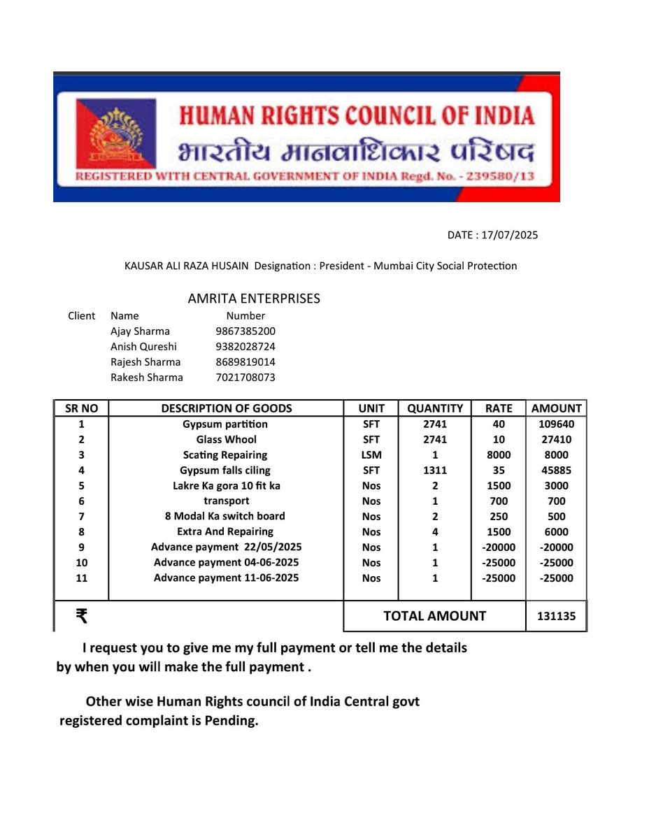 fatimadecorator's tweet photo. I Request you to Give My payment. @flipspaces @HRC4India @iitbombay @murataps @INCIndia @PMOIndia @CMOMaharashtra https://t.co/RqeYGMLZre