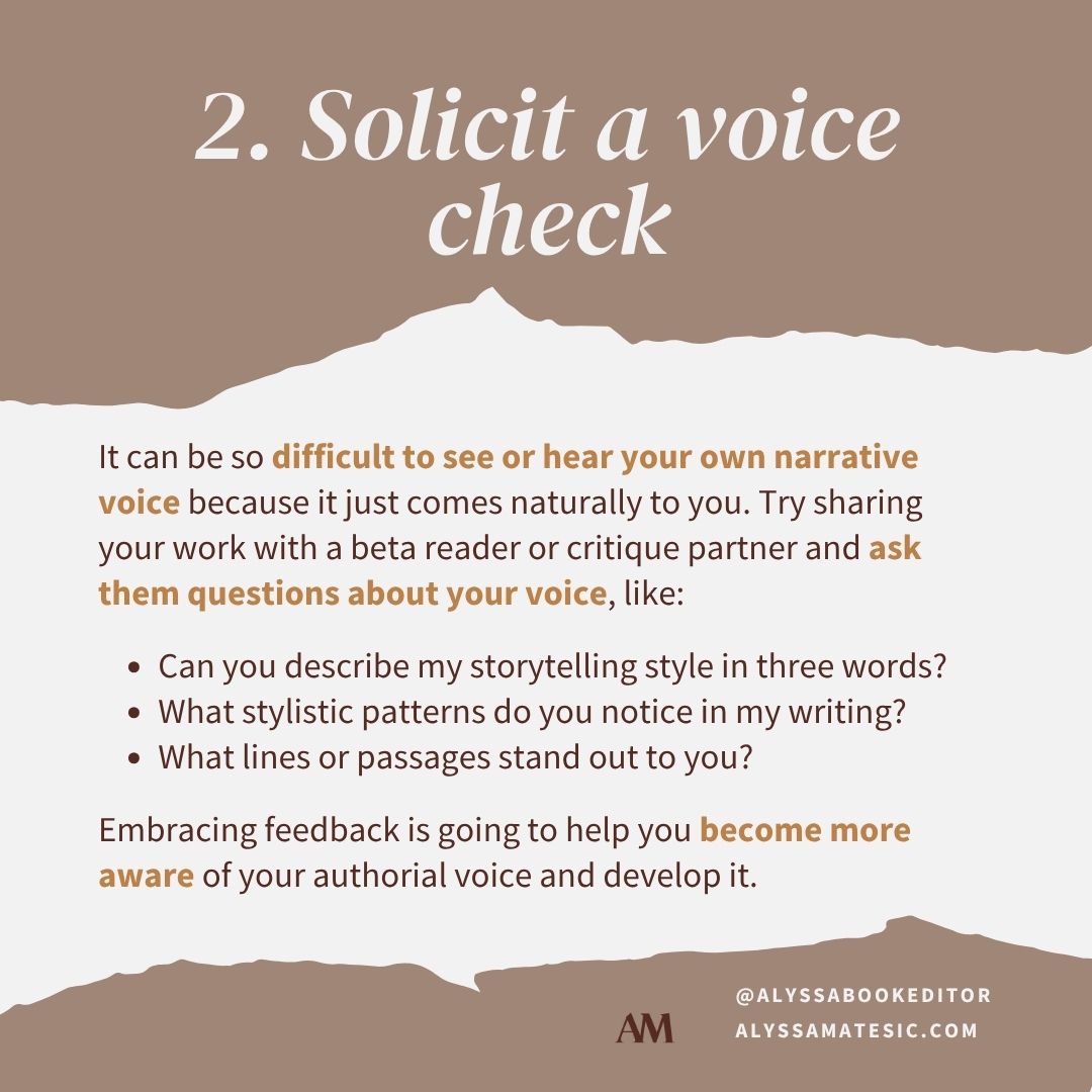 AlyssaMatesic's tweet image. What do many literary agents say they're looking for? Voice.
But how can you identify, define, and develop your own narrative voice as an author?
Here are 3 exercises you can do right now (seriously!) to find and strengthen your authorial voice. Try them out!