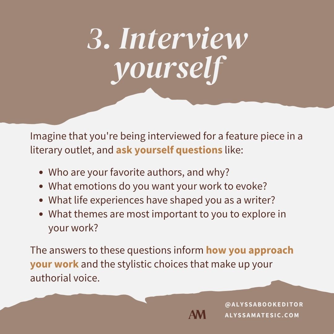 AlyssaMatesic's tweet image. What do many literary agents say they're looking for? Voice.
But how can you identify, define, and develop your own narrative voice as an author?
Here are 3 exercises you can do right now (seriously!) to find and strengthen your authorial voice. Try them out!