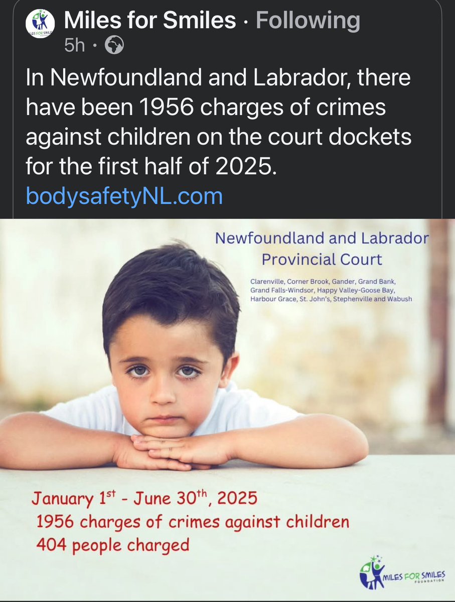 DanaMetcalfe5's tweet image. 🚨 BREAKING: 1,956 Charges of Crimes Against Children in NL — Outrage Grows as Silence is Enforced
Newfoundland and Labrador is facing a harrowing child protection crisis — and it’s unfolding in silence.
According to a recent report by Miles for Smiles, there were 1,956 charges…