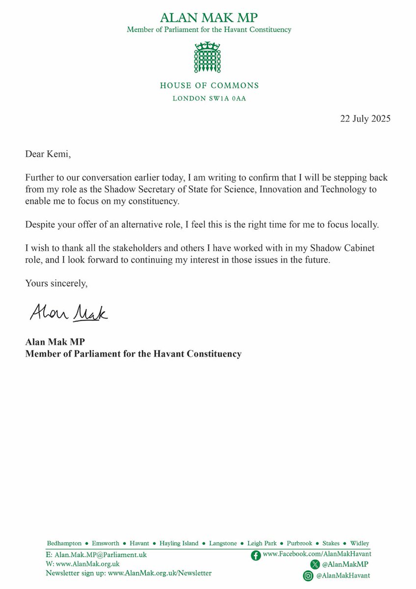 AlanMakMP's tweet image. This afternoon I have decided to step back from my role in the Shadow Cabinet.
Despite the offer of an alternative role, I have decided to focus on constituency matters and I wish my successor in the Shadow DSIT brief all the best in what is a fantastic role.