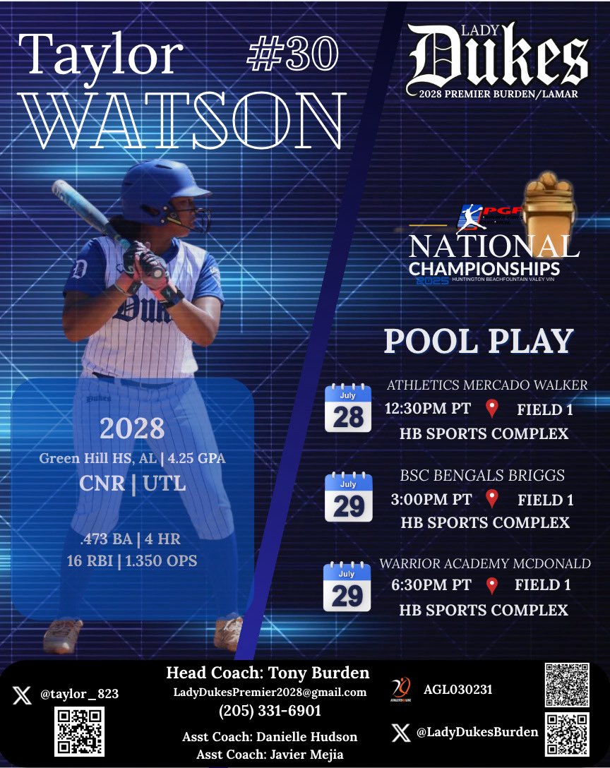 Taylor W (@taylor_823) on Twitter photo Heading to <a href="/PGFnetwork/">PGF</a> Nationals in Cali🌴☀️✈️
Come see me and my girls on our final stop of the Summer!
#BlueMagic <a href="/LadyDukesBurden/">Lady Dukes 2028 Premier Burden/Lamar</a> <a href="/LadyDukesLamar/">Lady Dukes Lamar</a> <a href="/CoachTonyBurden/">Coach Tony Burden</a>
<a href="/GreenHillHighSB/">Green Hill Softball</a>
<a href="/ExtraInningSB/">EXTRA INNING SOFTBALL</a> <a href="/los_stuff/">Carlos Arias</a> <a href="/LineDsoftball/">Line Drive Media</a> <a href="/SBRRetweets/">Softball Recruiting Reposts</a> <a href="/MSPtakeover/">Minority Softball Prospects</a> <a href="/PrepSoftball/">Prep Softball 🥎</a> <a href="/TCam_FSUSB/">Troy Cameron</a> Heading to <a href="/PGFnetwork/">PGF</a> Nationals in Cali🌴☀️✈️
Come see me and my girls on our final stop of the Summer!
#BlueMagic <a href="/LadyDukesBurden/">Lady Dukes 2028 Premier Burden/Lamar</a> <a href="/LadyDukesLamar/">Lady Dukes Lamar</a> <a href="/CoachTonyBurden/">Coach Tony Burden</a>
<a href="/GreenHillHighSB/">Green Hill Softball</a>
<a href="/ExtraInningSB/">EXTRA INNING SOFTBALL</a> <a href="/los_stuff/">Carlos Arias</a> <a href="/LineDsoftball/">Line Drive Media</a> <a href="/SBRRetweets/">Softball Recruiting Reposts</a> <a href="/MSPtakeover/">Minority Softball Prospects</a> <a href="/PrepSoftball/">Prep Softball 🥎</a> <a href="/TCam_FSUSB/">Troy Cameron</a>