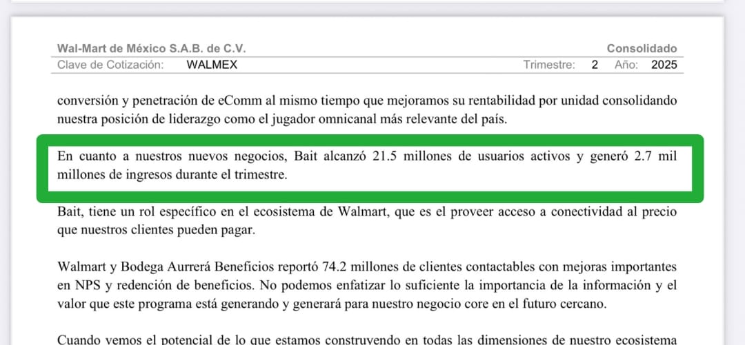 1.
BAIT claims to have 21.5 million ACTIVE users.
Third parties estimate it has an ARPU of 72 pesos.
Its revenues should be 4.644 billion pesos in the quarter.

Why is its 2Q25 revenue 2.7 billion pesos? 

files.walmex.mx/upload/files/2…