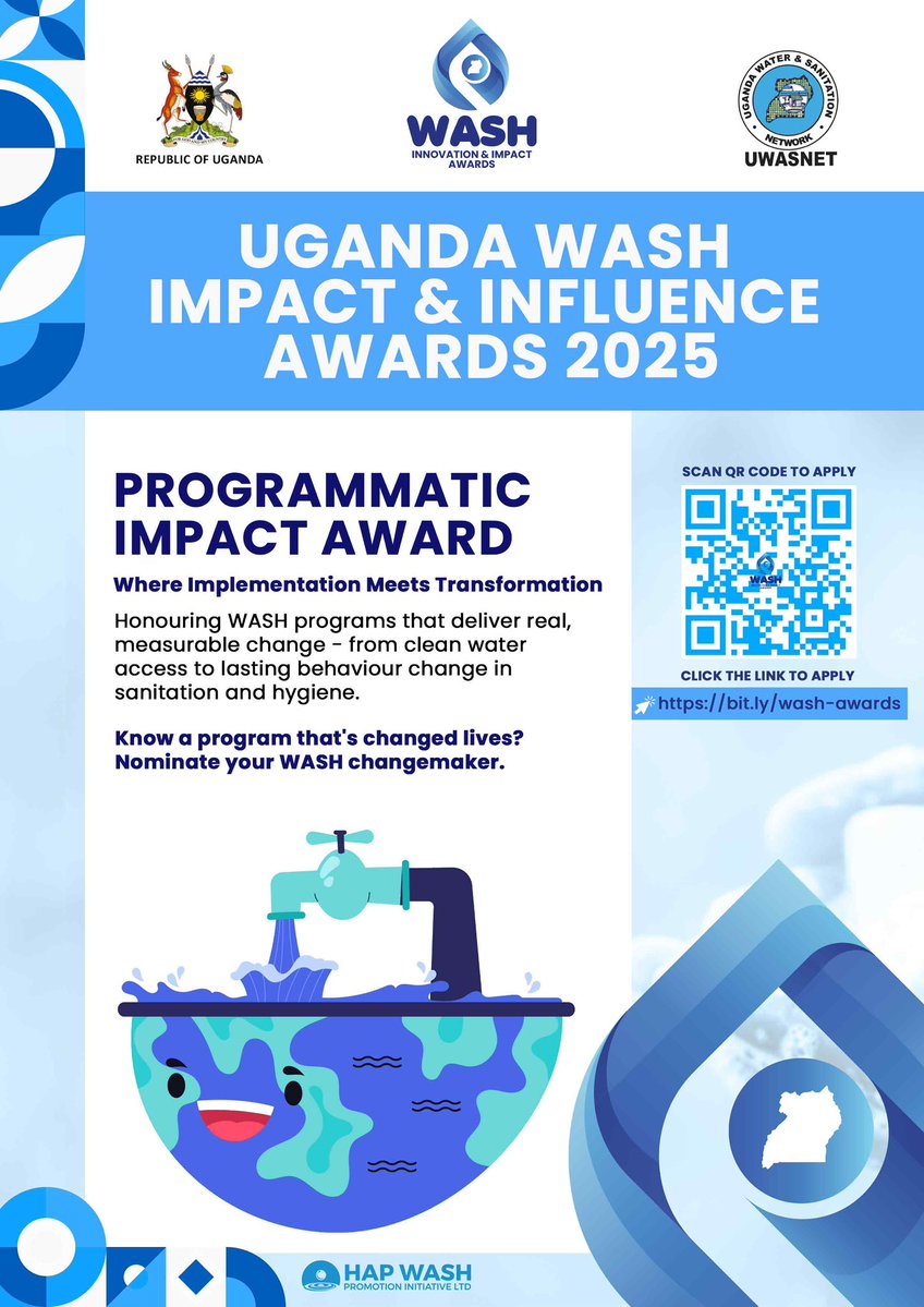 Fenrichconsults's tweet image. Programmatic Impact Award
Honoring WASH programs creating real, measurable change — from clean water to lasting hygiene practices.
🏅 Know a life-changing program?
Nominate your WASH changemaker!
🗓️ Deadline: Aug 15, 2025
📩 Apply 👉 bit.ly/wash-awards
#WASHAwards2025