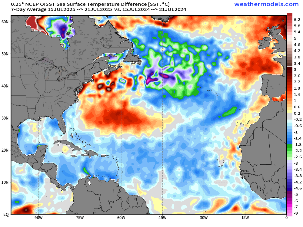 RyanMaue's tweet image. Ocean surface temperatures are markedly cooler this July than in 2024 across the Atlantic basin where tropical storms typically form. There aren't any.
However, the weather patterns have persisted with weak winds and few clouds to dramatically warm up the waters around Bermuda
