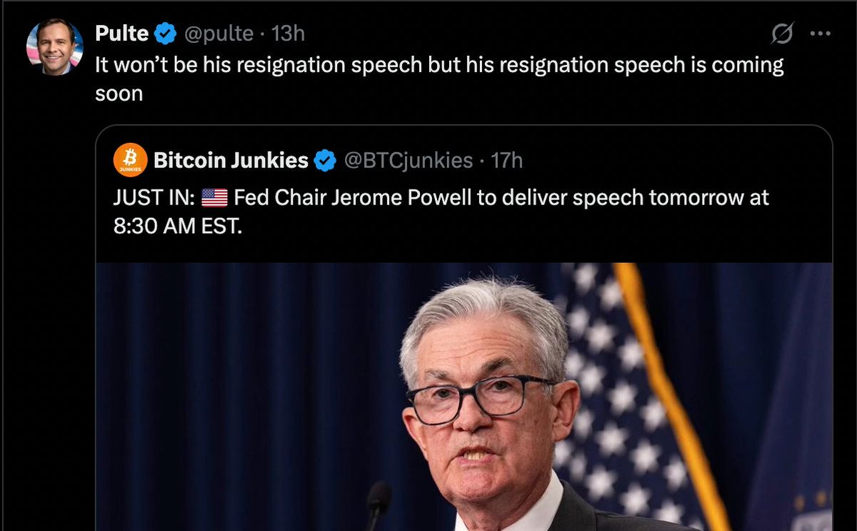 BTC_Archive's tweet image. JUST IN: Jerome Powell's resignation letter is “coming soon,” according to Trump’s Director of Housing.