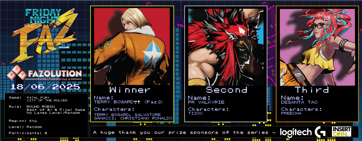 HAPPY FAZ MONTH / #freepalestine ๐ต๐ธ ๐ฑ๐ง (@the_faz_d) on Twitter photo #Fazolution had its FINAL FIGHT at the #FridayNightFazClub with #FatalFuryCOTW ! Shifting to a Round Robin set up! Results!
๐ฅ: TERRY BOGARD?! (Faz_D)
๐ฅ: <a href="/PrValkyrie/">GOGO | PrValkyrie</a>
๐ฅ: <a href="/DeSantaTao/">Xavio | Actor ๐ฐ๐ช๐ฌ๐ง ๐Megacon Manchester</a>
Thanks <a href="/InsertCoinTees/">Insert Coin</a>& <a href="/LogitechGUK/">Logitech G UK</a> for their support!
VOD: youtu.be/FtaSYKlky9Q #Fazolution had its FINAL FIGHT at the #FridayNightFazClub with #FatalFuryCOTW ! Shifting to a Round Robin set up! Results!
๐ฅ: TERRY BOGARD?! (Faz_D)
๐ฅ: <a href="/PrValkyrie/">GOGO | PrValkyrie</a>
๐ฅ: <a href="/DeSantaTao/">Xavio | Actor ๐ฐ๐ช๐ฌ๐ง ๐Megacon Manchester</a>
Thanks <a href="/InsertCoinTees/">Insert Coin</a>& <a href="/LogitechGUK/">Logitech G UK</a> for their support!
VOD: youtu.be/FtaSYKlky9Q