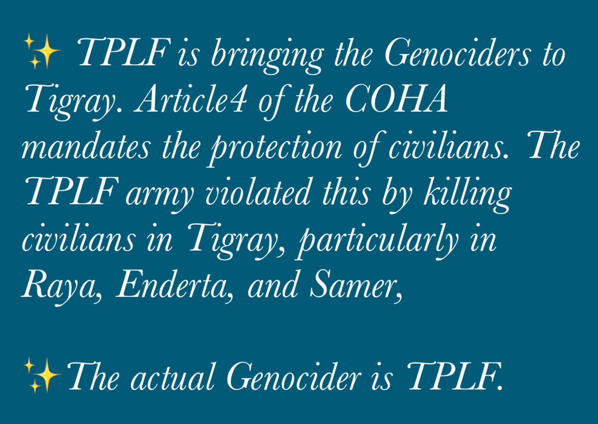 ✨ TPLF is bringing the Genociders to Tigray. Article4 of the COHA mandates the protection of civilians. The TPLF army violated this by killing civilians in Tigray, particularly in Raya, Enderta, and Samer, 

✨The actual Genocider is TPLF.