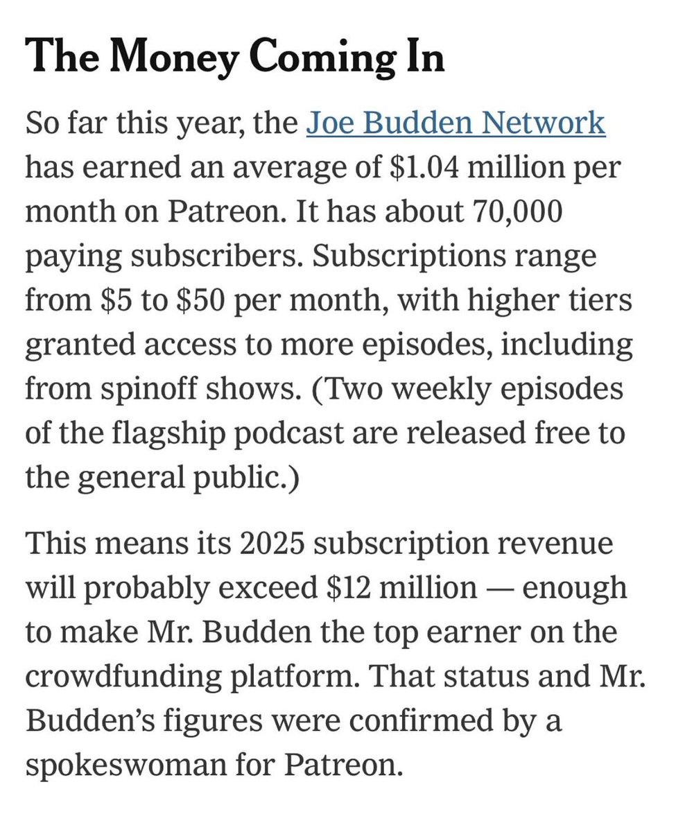SpotlightFirst_'s tweet image. Joe Budden was making $2million a year at Spotify.
Then turned a 2 year $44million deal because he didn’t want to give up ownership.
He now independently makes $1 million a month just from Patreon - not including youtube, sponsorships and other revenue streams