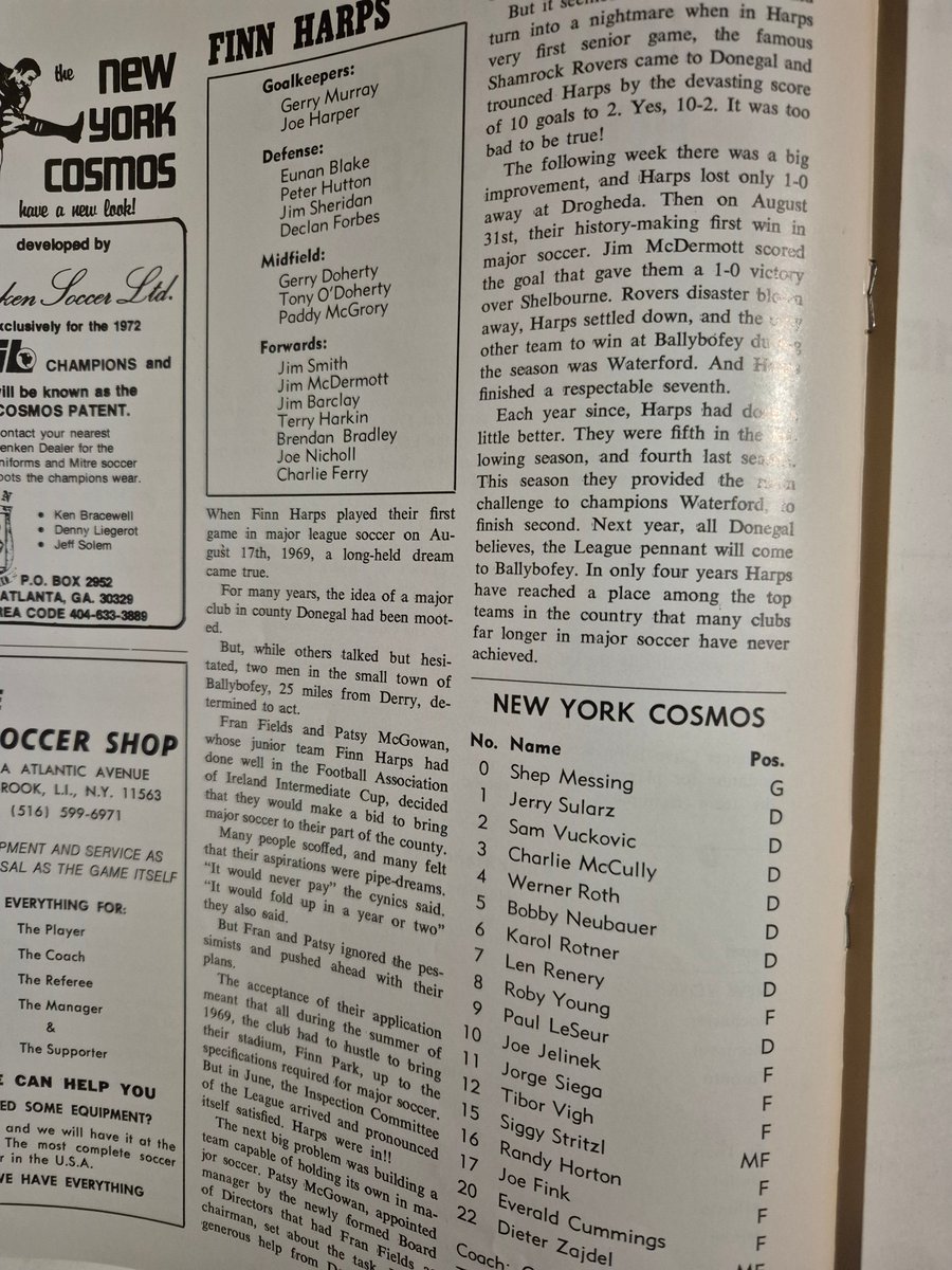 Great to see the <a href="/NYCosmos/">New York Cosmos</a> back next year.  A reminder of the only time they faced Irish opposition.  <a href="/FinnHarpsFC/">Finn Harps FC</a> were the visitors to Hofstra Stadium on May 20th 1973.  The game finished in a 1-1 draw with Jim Smith scoring for Harps and Jorge Siega netting for the hosts.
