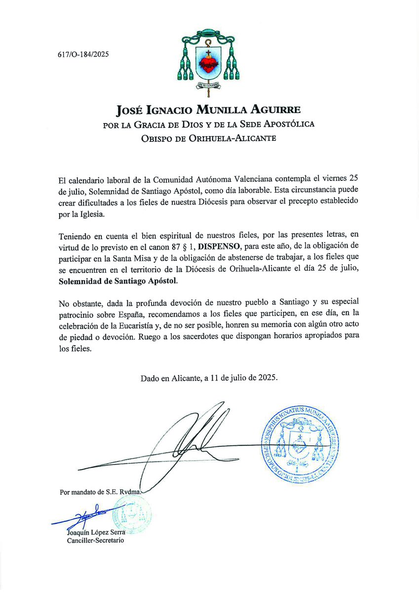 El próximo 25 de julio, se celebra la solemnidad del Apóstol Santiago, patrono de #España. Siendo una jornada laborable en el calendario civil, nuestro <a href="/ObispoMunilla/">Jose Ignacio Munilla</a>  ha decretado la DISPENSA del precepto de participar de la eucaristía de este día.