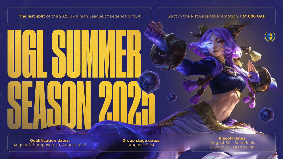 ☀️ UGL Summer Season 2025 is HERE! 🏆
The final 🇺🇦 League of Legends regional split of the year — officially supported by
<a href="/RiftLegendsPL/">Rift Legends</a> 🇵🇱🇪🇺

🔓 3 Open Qualifiers → Group Stage → Playoffs
💶 ₴51,000 Prize Pool + 🎟️ Rift Legends 2026 Winter Promotion Spot
📌 Requirements:
• 3