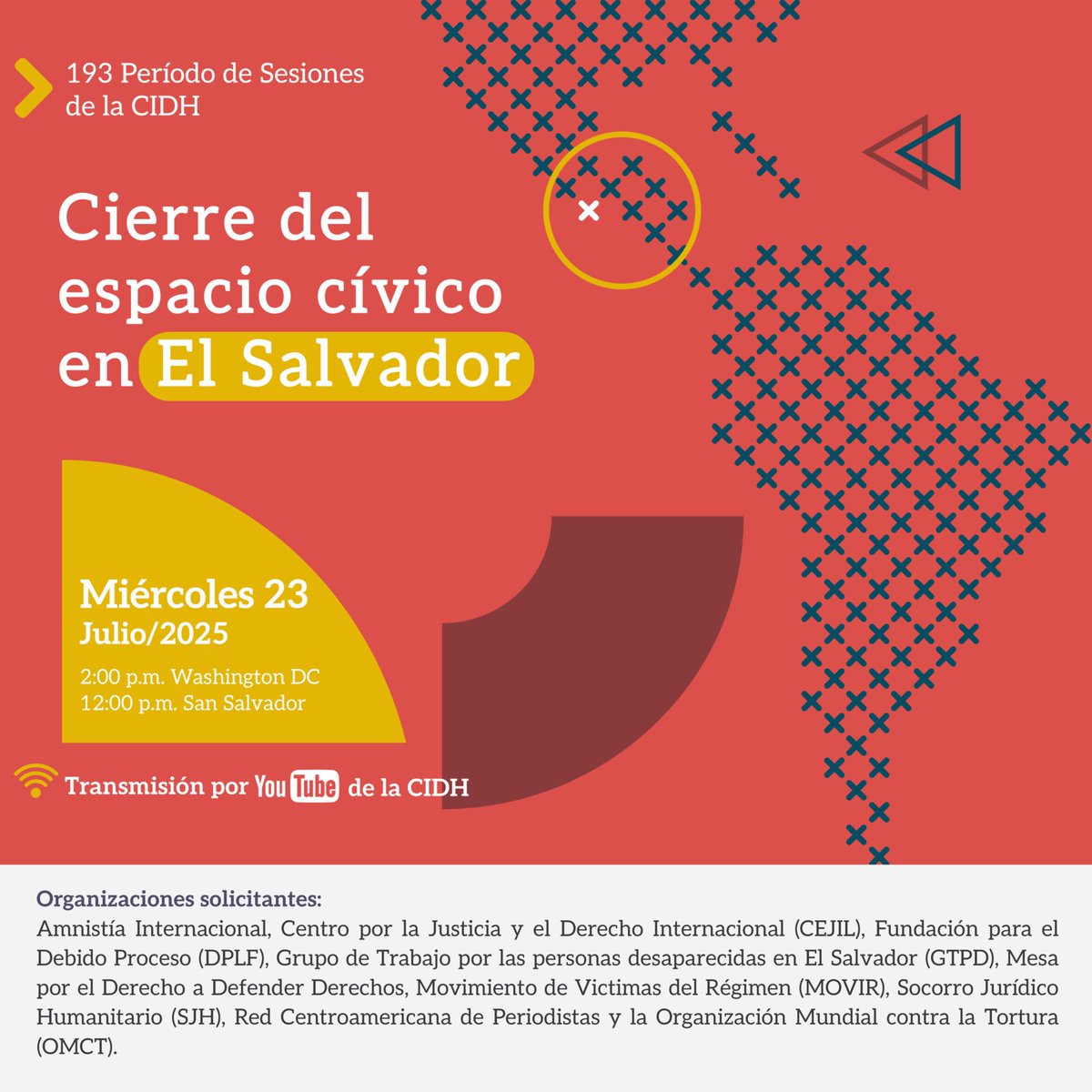 DPLF_info's tweet image. 📌🇸🇻 Mañana, 23/julio, en #CIDHAudiencias denunciaremos la criminalización y exilio de personas defensoras de #DDHH y periodistas en #ElSalvador, y Ley de Agentes Extranjeros, como política de Estado para cerrar el espacio cívico.
📡 Sigue la transmisión por Youtube de @CIDH.