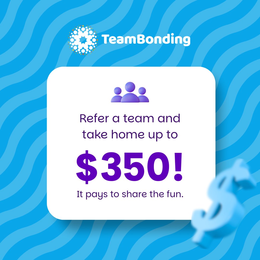 🚨 PSA: Referring TeamBonding is now a rewardable offense.

Know someone who needs a little more fun at work? Send them our way! When they book a team building event, you both get paid. 🎉💸

👉 Link in replies to start referring.

#TeamBuilding #ReferralProgram