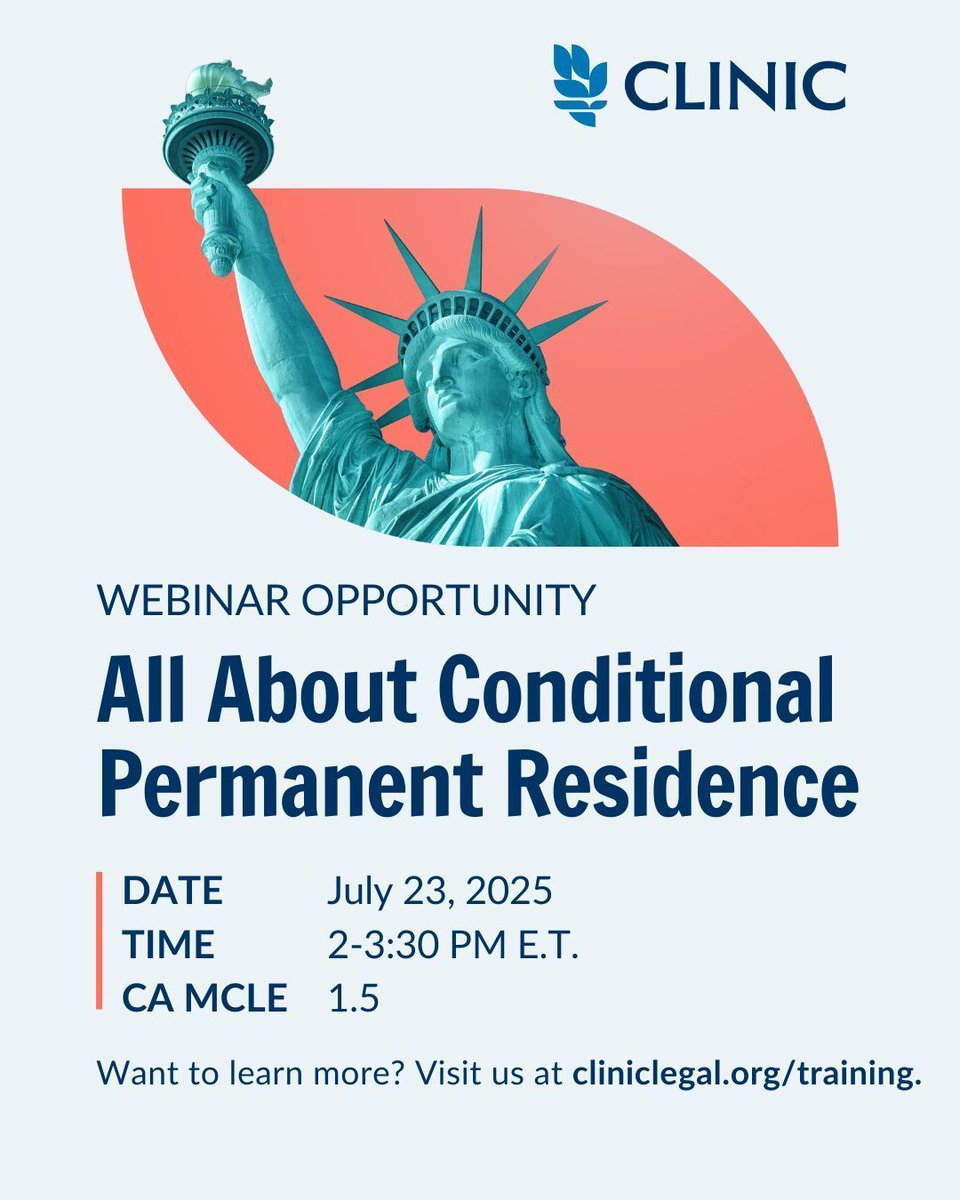 cliniclegal's tweet image. Join CLINIC for this webinar where presenters will discuss who is subject to conditional residence, how and when to file Form I-751 joint petition or waiver, and the circumstances in which late filings may be excused, and much more.
🔗 cliniclegal.org/training/webin…