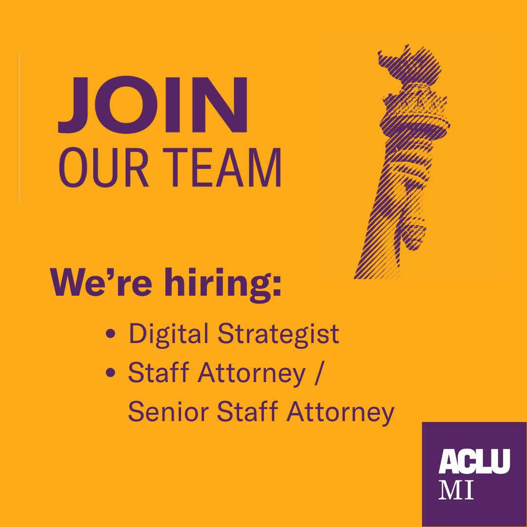 ACLUofMichigan's tweet image. It is an incredibly rewarding time to work for the ACLU of Michigan where we are deeply committed to protecting the civil rights and liberties of ALL people. We are hiring a full-time Digital Strategist and Staff Attorney. Please apply here: aclumich.org/en/about/caree…