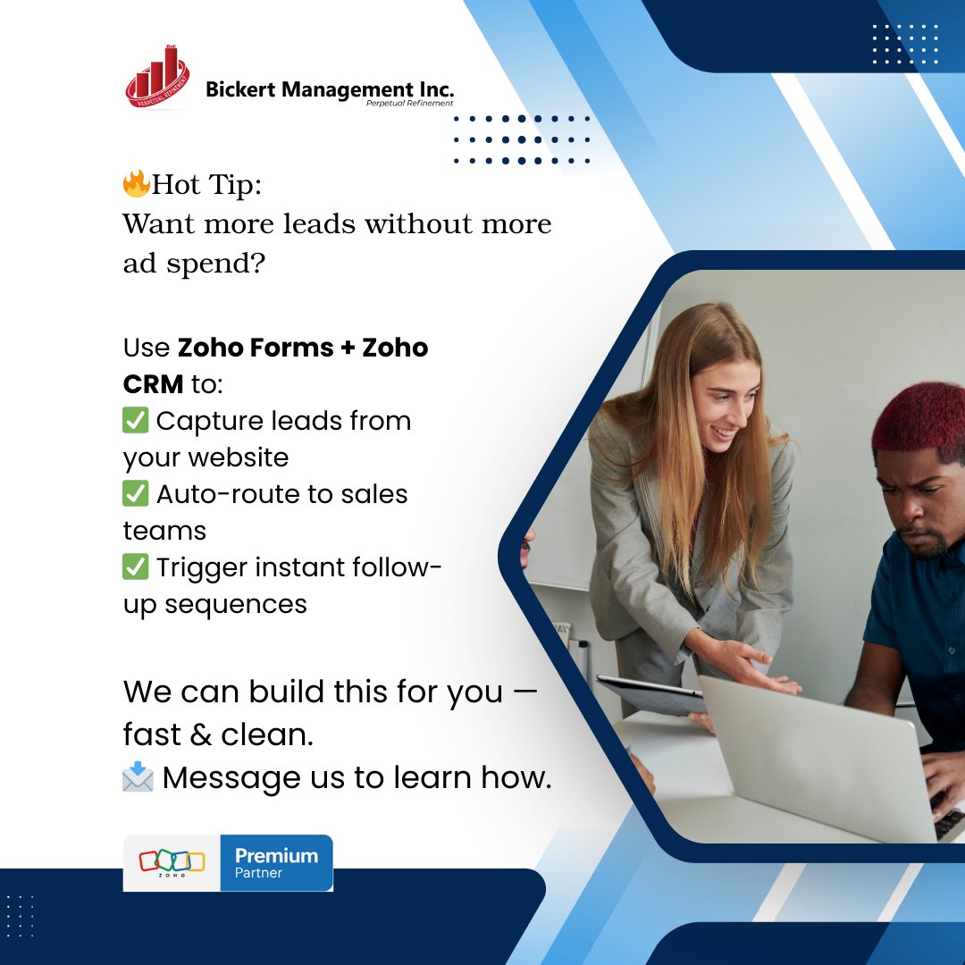 BickertMgmtInc's tweet image. Get More Leads—No Extra Ad Spend
Use Zoho Forms + CRM to:
Capture leads
Auto-assign to sales
Trigger instant follow-ups
We’ll set it up fast and clean.
DM to get started.
#ZohoCRM #LeadGeneration #ZohoForms #CRMSetup #SalesAutomation