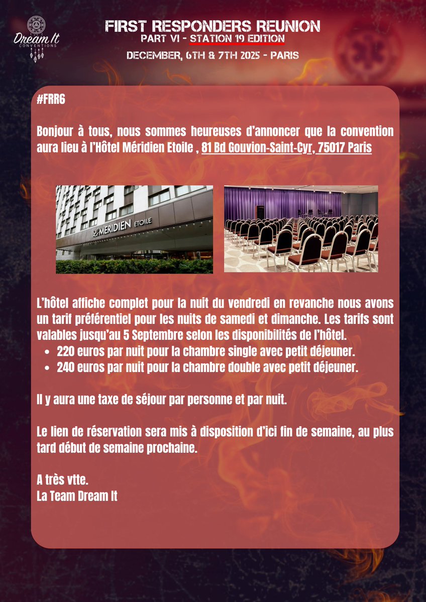 DreamitCon's tweet image. #FRR6 La convention aura lieu au Méridien Etoile , 81 Bd Gouvion-Saint-Cyr, 75017 Paris. / The event will be happening at the Méridien Etoile , 81 Bd Gouvion-Saint-Cyr, 75017 Paris .
dreamit-conventions.com/event-details/…