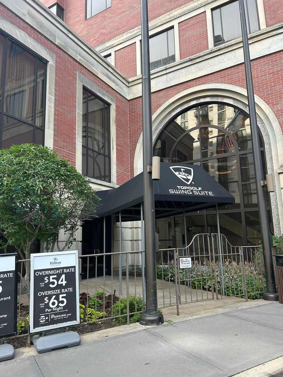 This gable style awning was recently given a fresh look with a new cover and new graphics for a commercial customer of Hoigaard's.