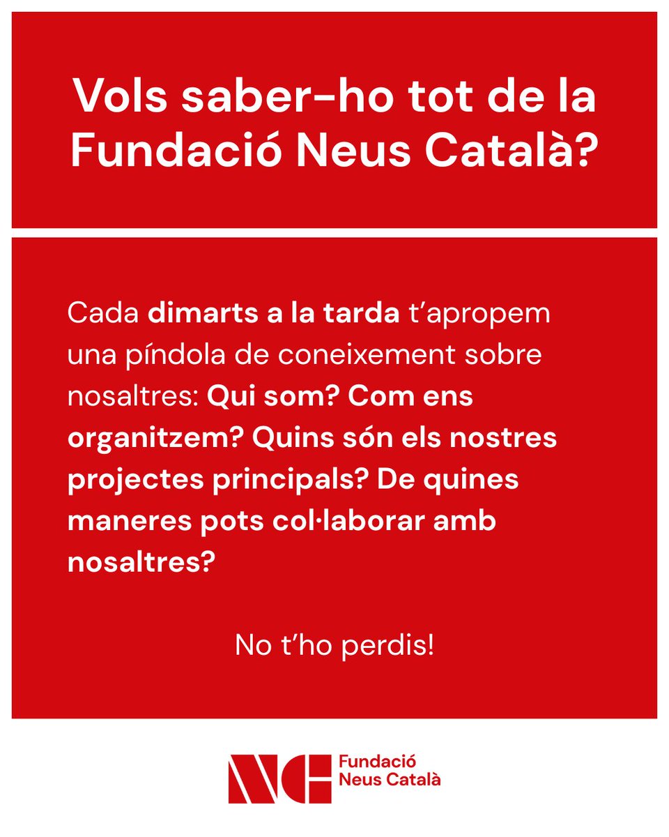 NeusCatala_fun's tweet image. 🤔 Qui som? Com ens organitzem? Quins són els nostres projectes? Com pots participar?
🔴 Cada dimarts a la tarda, des de la Fundació Neus Català responem els vostres dubtes.
📲 Vols saber més? Entra a neuscatala.cat