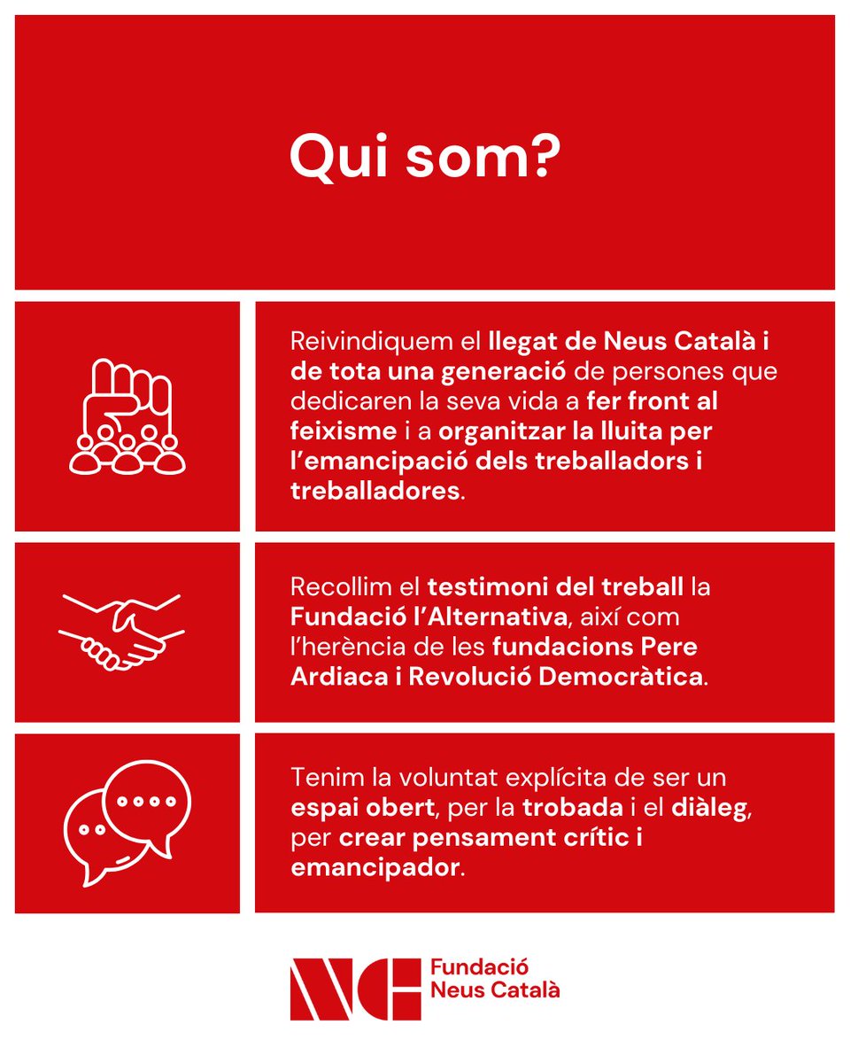 NeusCatala_fun's tweet image. 🤔 Qui som? Com ens organitzem? Quins són els nostres projectes? Com pots participar?
🔴 Cada dimarts a la tarda, des de la Fundació Neus Català responem els vostres dubtes.
📲 Vols saber més? Entra a neuscatala.cat