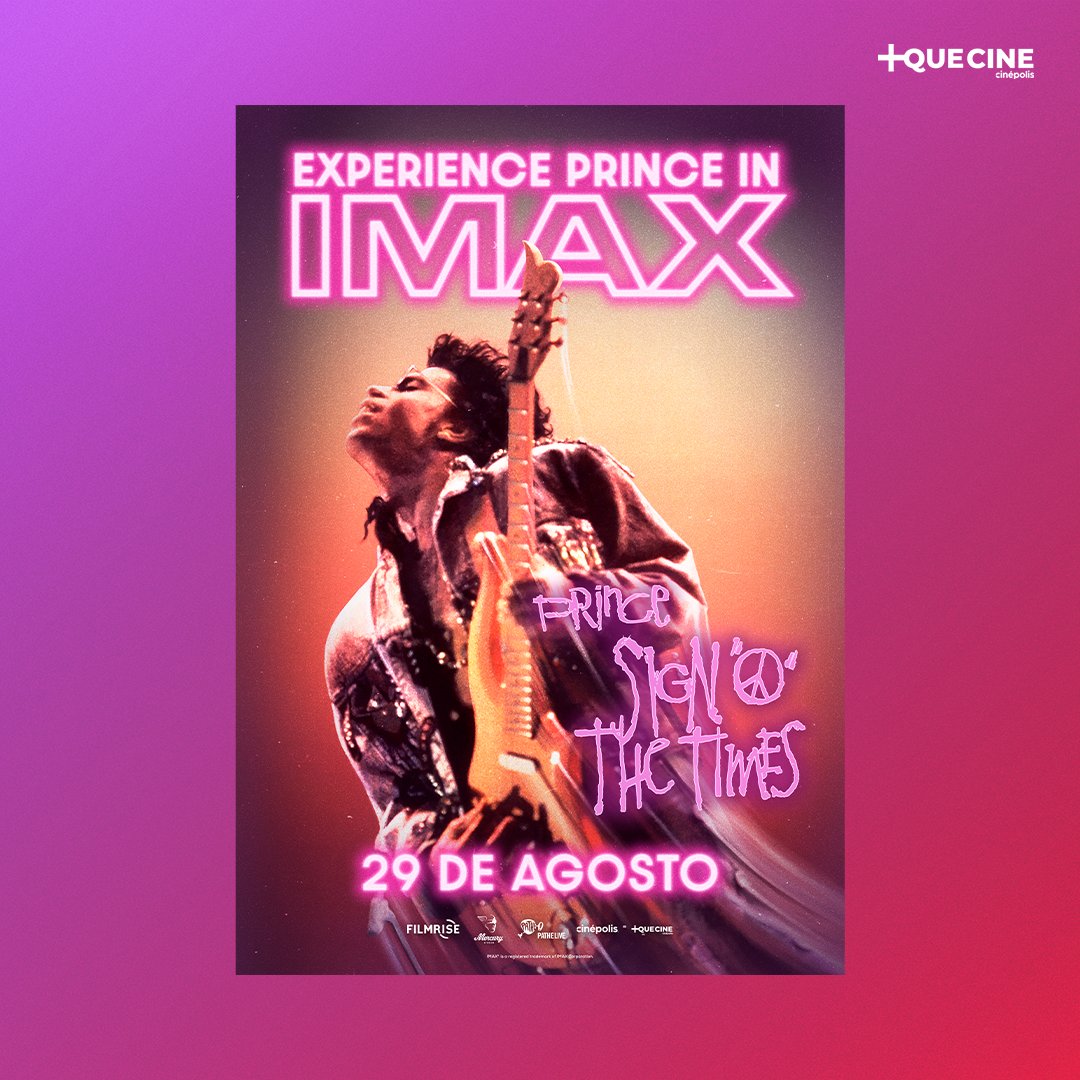 MasQueCineLatam's tweet image. ¡Vive la legendaria música de Prince en la pantalla IMAX de Cinépolis! 🎸
Te espero este 29 de agosto para vivir su emblemático concierto Sign O' The Times en la pantalla +Espectacular.
La preventa ya está disponible. 👉bit.ly/4kMrtBB