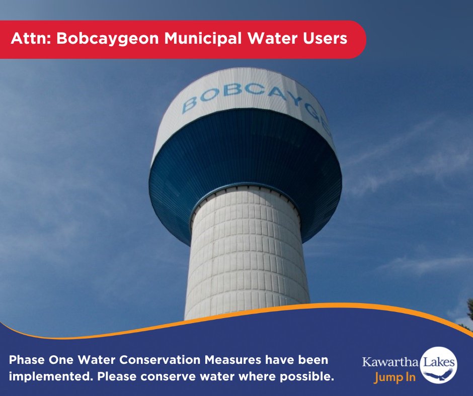 🚨💧 Bobcaygeon Water User Notice

Phase One Water Conservation Measures in effect.

💧 Odd/even numbered houses can water on odd/even days
💧 Water only 6 to 9am or 7 to 10pm
💧 Discoloured water &amp; low pressure possible

✅ Water safe to drink.

Details: kawarthalakes.ca/en/news/bobcay…