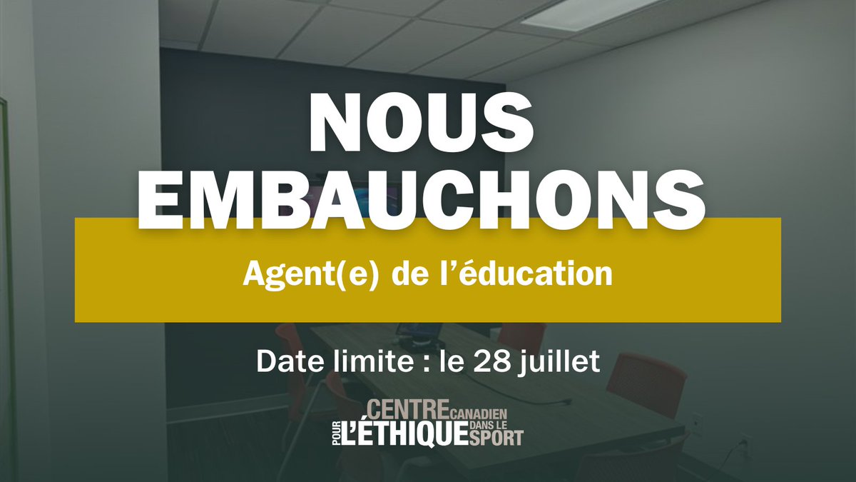 EthicsInSPORT's tweet image. 🚨 Le 28 juillet est la date limite pour postuler au poste d’un agent ou d’une agente de l’éducation au CCES.
Pour connaître les tâches et responsabilités, les exigences, atouts, et la procédure de candidature, visitez cces.ca/fr/agent-ou-ag…