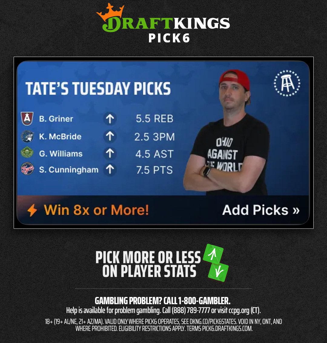 BarstoolTate's tweet image. I cooked up a WNBA play that pays 8x on the @Pick6 app tonight.
Sign up using this link and get $50 free after playing just $5: dkng.co/tatepicks
