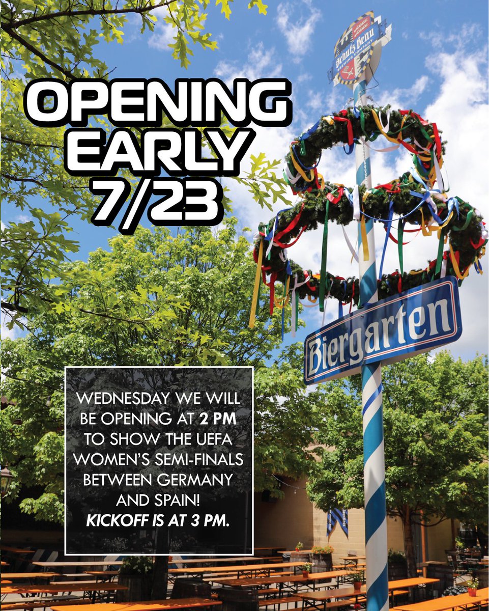 We're opening early tomorrow for the UEFA Women's Semi-Final! Catch Germany vs. Spain live on our jumbotrons. 🇩🇪 🇪🇸  Doors open at 2 PM, kickoff at 3 PM!⚽ 

#schulzbrau #biergarten #germanbrewery #craftbeer #germanbeer