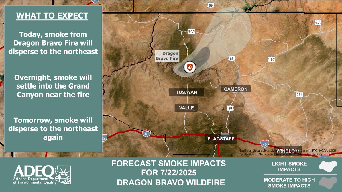 ArizonaDEQ's tweet image. 🚨ADEQ has UPDATED the #DragonBravo Wildfire Smoke Forecast.
See how #smoke is affecting your local community: #Tusayan #Cameron #Valle #Flagstaff 🔥
Learn More ➡️ azdeq.gov/wildfire/forec…
#AZFire #AZWildfire