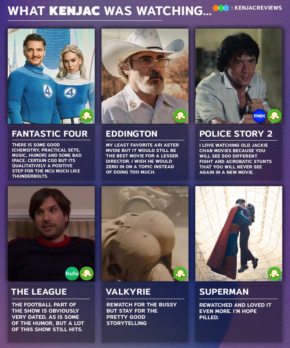 LightsCameraPod's tweet image. Here’s what @JackKennedy was watching the past week and his (brief) thoughts on each…
📺: #FantasticFour
📺: EDDINGTON
📺: POLICE STORY 2
📺: THE LEAGUE
📺: VALKYRIE
📺: SUPERMAN