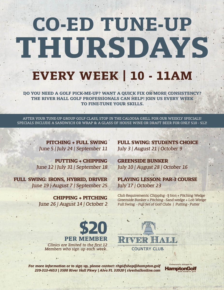 RiverHallCC's tweet photo. Do you need a golf pick-me-up? Want a quick fix or more consistency? The River Hall Golf Pros can help! Join us every week to fine-tune your skills.

Co-Ed Tune-Up Thursdays 🏌️
Details: https://t.co/J2Bxh5SNVA

For more info: 239-313-4653 | RHGOLFSHOP@HAMPTON.GOLF https://t.co/GLgA6epQMZ