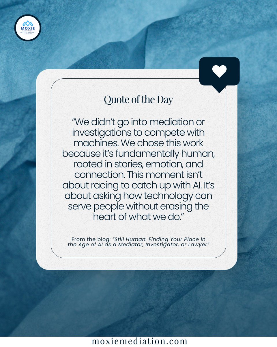 At Moxie Mediation, we’re committed to staying human-first while thoughtfully embracing innovation. Because the future of conflict resolution belongs to those who honor both.

#HumanFirst #Mediation #AIandMediation #ConflictResolution #MoxieMediation