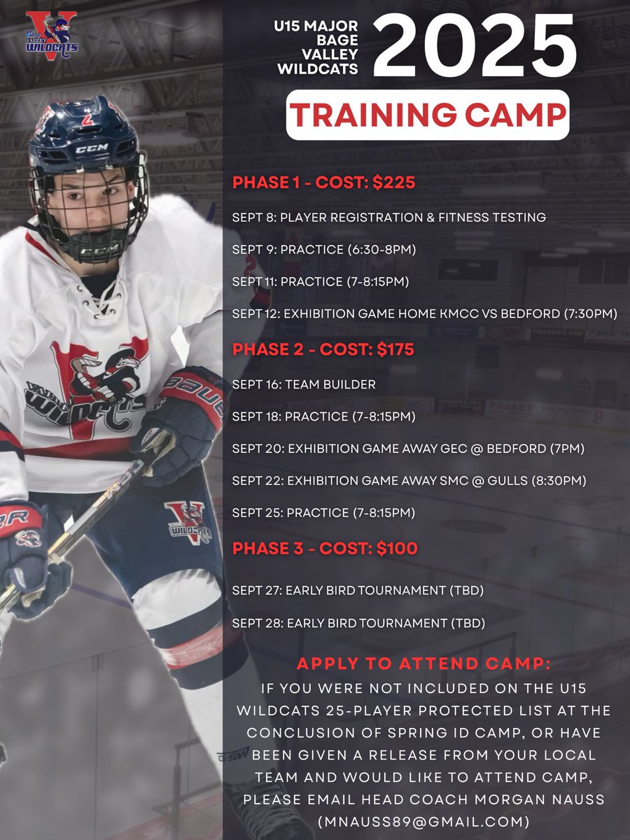 🚨BAGE VALLEY WILDCATS U15 MAJOR TRAINING CAMP ANNOUNCED🚨

🔗Follow the link below for everything you need to know about this year’s Fall Training Camp including schedule, registration, and how to receive an invite to camp!

nsu15major.com/news/8280/Fall…