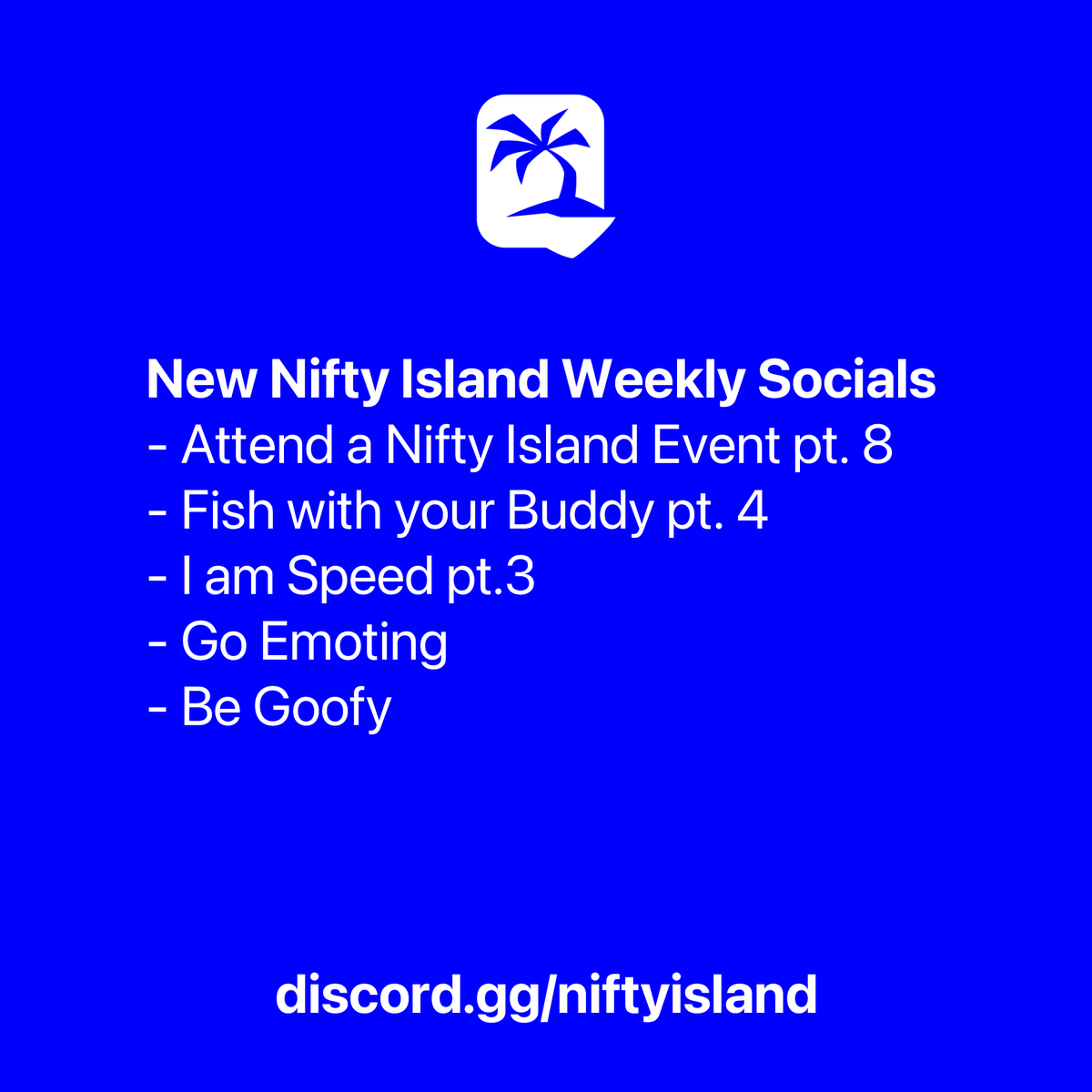 prollynot6ix's tweet image. Hop into the new weekly socials!
Play, post, and win Blooms + Legendary Pistols.
Full details in Discord: discord.gg/niftyisland