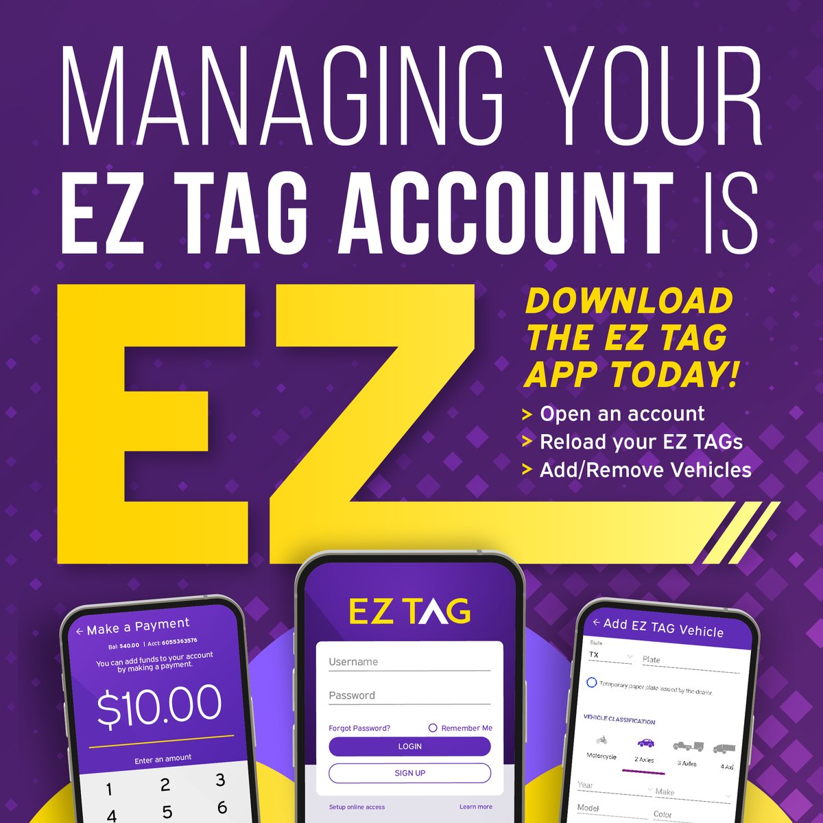 HCTRA's tweet image. Have you downloaded the EZ TAG app yet? 🚗✨
Manage your account anytime, anywhere—skip the hassle and hit the road with ease.
Download now 👉 hctra.org/EZTAGAccountT
#HCTRA #EZTAG #HarrisCounty #RoadReady #TravelSmart
