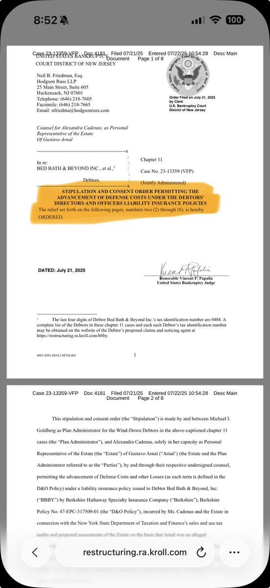MrWeWon's tweet image. π© NEW DOCKET 4181 π©
STIPULATION AND CONSENT ORDER PERMITTING THE ADVANCEMENT OF DEFENSE COSTS
- Berkshire Hathaway Specialty Insurance Company
- Estate of Gustavo Arnal
- New York State Department of Taxation and Finance
$BBBY $BBBYQ #BBBY #BBBYQ $GME #GME