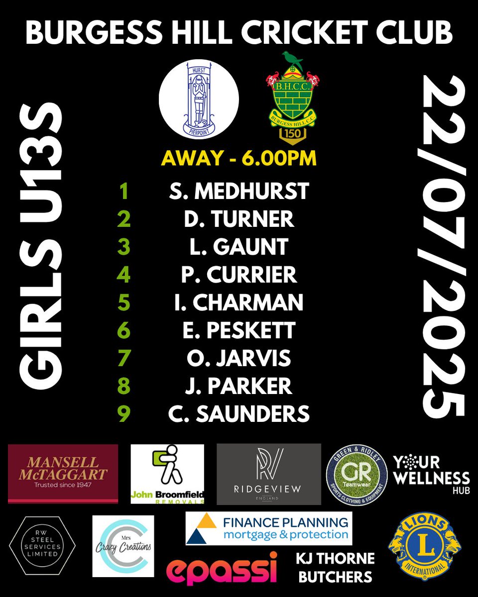 The Under 13 Girls are heading to Hurstpierpoint tonight 🏏

#BurgessHill #Cricket #YouthCricket #GirlsCricket #Sussex