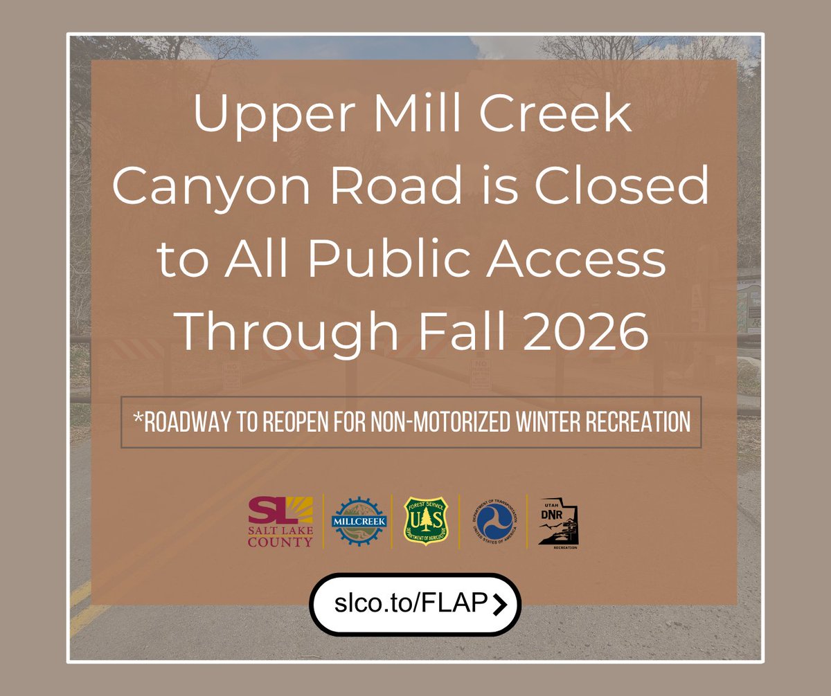 🚧 Heading to Mill Creek Canyon for Pioneer Day? 🚧

Upper Mill Creek Canyon Road is still closed—no access past the Winter Gate by car, bike, or foot. Celebrate safely!

Details ➡️ slco.to/FLAP
#MillCreekCanyon #PlanAhead