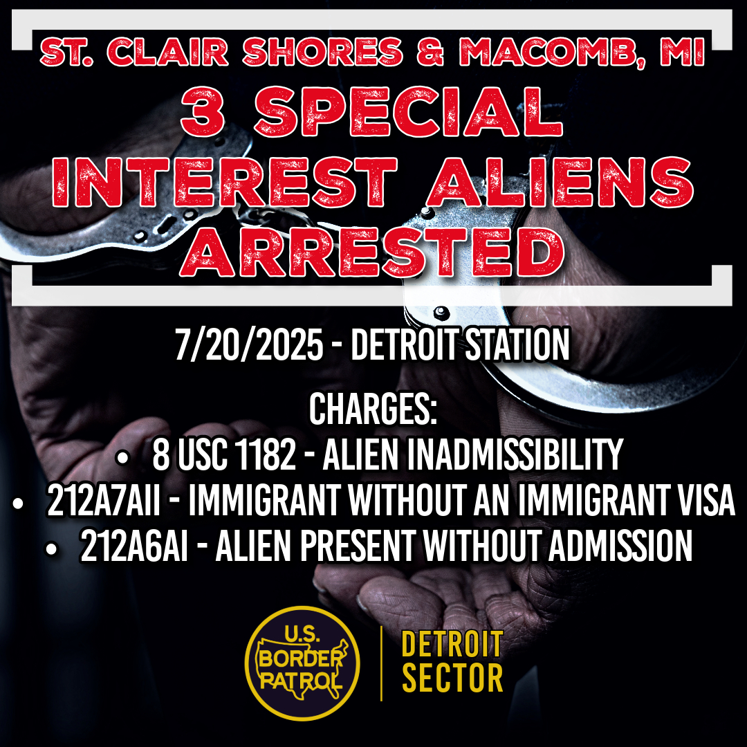 USBPChiefDTM's tweet image. Detroit Station agents, with law enforcement partners, arrested 3 Venezuelan Special Interest Aliens from 2 separate events on Sunday. The illegal aliens will be processed for removal from the United States.

#DetroitSector #BorderPatrol #BorderSecurity
