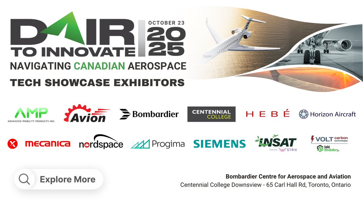 DAIR_Hub's tweet image. 🚀 Experience the Future of #Canadian #Aerospace at the #D2I 2025 Tech Showcase
AMP, Avion Technologies, @bombardier, @CentennialEDU, @hebecoin, @HorizonAircraft, @InfoMecanica, @Nord_Space, Progima, @SiemensCanada, Strix (INSAT) and @VoltCarbonTech
🔗 dairhub.com/dair-to-innova…