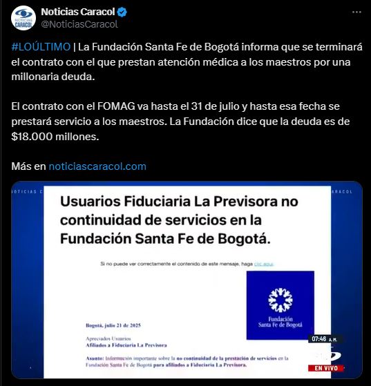#AEstaHora | 🚨La no continuidad en la prestación de servicios médicos por parte de algunas IPS, como prestadores de salud del magisterio, por millonarias deudas, confirma lo advertido por la Contraloría General: en auditoría de junio de 2025 detectamos la formulación