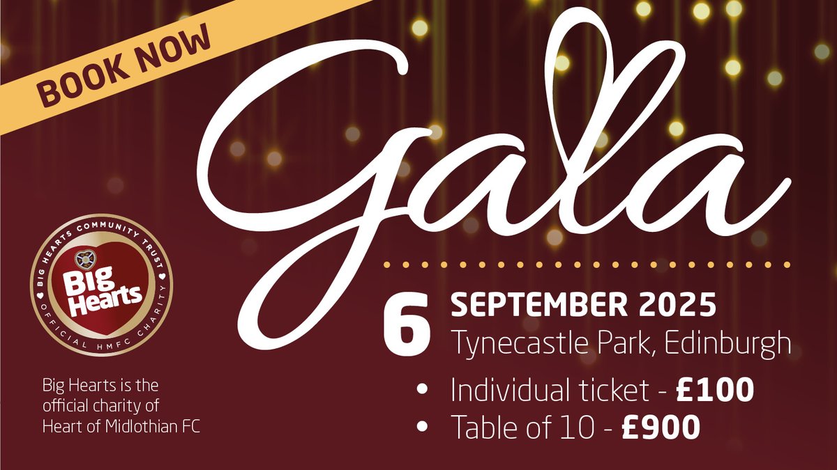 bighearts's tweet image. ✨ 𝓑𝓲𝓰 𝓗𝓮𝓪𝓻𝓽𝓼 𝓖𝓪𝓵𝓪 | Sat 6th September 💖
Join us at Tynecastle Park to celebrate our milestone year, honouring the lives changed through our vital work!
🥂 Drink on arrival
🍽️ 3-course meal
🇱🇻 Hearts legends
Secure your seat today | bighearts.org.uk/gala-2025/ 💫