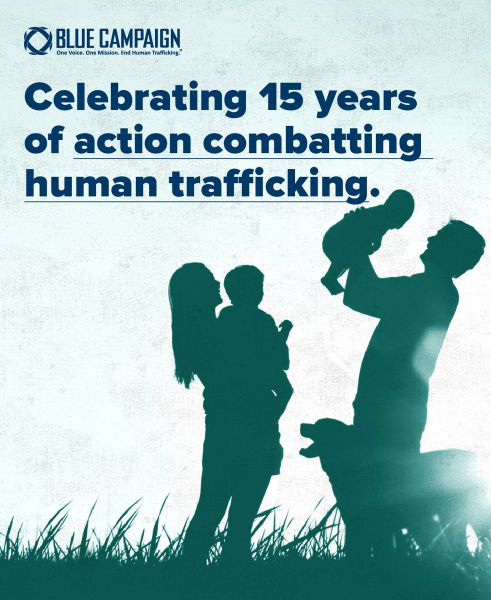 DHSBlueCampaign's tweet image. As we celebrate 15 years of Blue Campaign, we want to thank everyone who has joined us in our mission to end human trafficking.
Learn about how you can participate in the work to prevent and address trafficking: go.dhs.gov/wgU. #15AgainstTrafficking