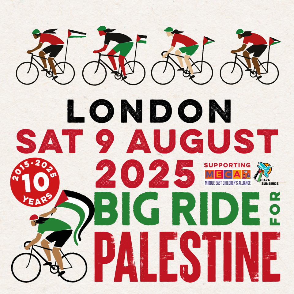 PSCupdates's tweet image. 🚨 Big Ride for Palestine
⏰ July-August 2025
📍 Your local area
The Big Ride for Palestine returns this summer for its 10th year. Join a ride in your area to protest Israel's occupation, apartheid and ethnic cleansing against Palestinians.
Register: thebigride4palestine.com