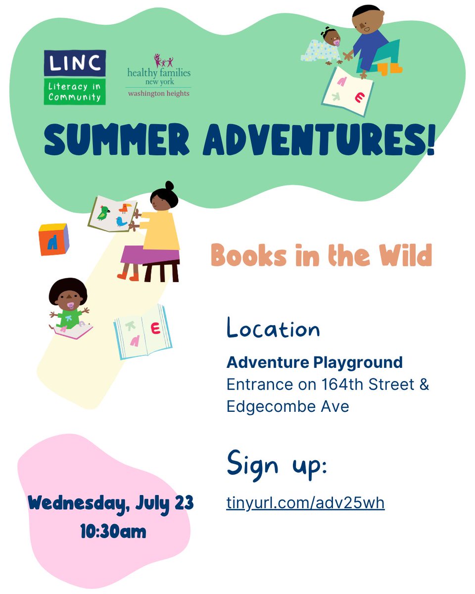 linc_nyc's tweet image. Washington Heights families: TOMORROW—"Books in the Wild," a FREE literacy adventure in the park learning print concepts & a reading scavenger hunt featuring the story "We Are in a Book" by @mowillems 📖🌳
📍164th & Edgecombe
⏰10:30–11:30 AM
📋RSVP: tinyurl.com/adv25wh