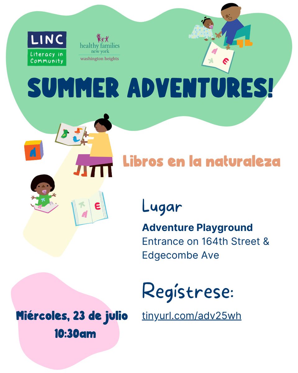 linc_nyc's tweet image. Washington Heights families: TOMORROW—"Books in the Wild," a FREE literacy adventure in the park learning print concepts & a reading scavenger hunt featuring the story "We Are in a Book" by @mowillems 📖🌳
📍164th & Edgecombe
⏰10:30–11:30 AM
📋RSVP: tinyurl.com/adv25wh